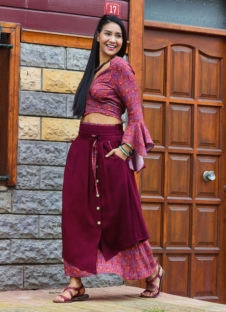 Double Layered Red Floral Skirt with Pockets and Button Details 5028