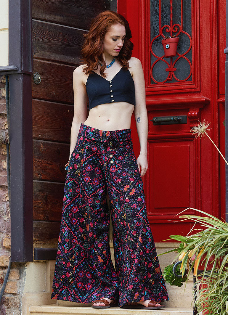 Low Waist Buttoned Black Patterned Womens Authentic Trousers 5017