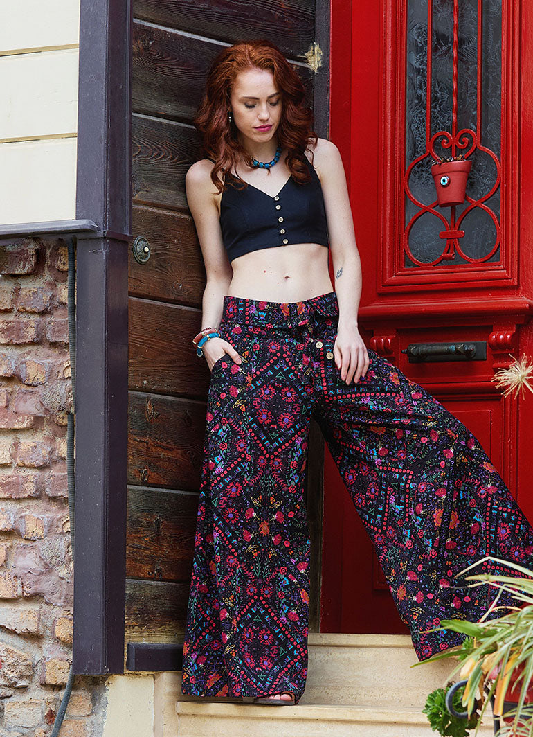 Low Waist Buttoned Black Patterned Womens Authentic Trousers 5017