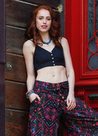 Low Waist Buttoned Black Patterned Womens Authentic Trousers 5017