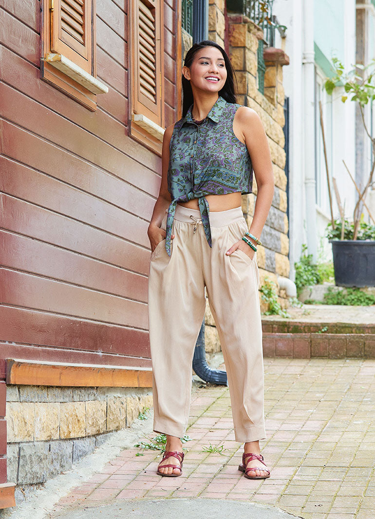 Lace up Waist Pocket Loose Fit Beige Womens Authentic Harem Pants 5011
