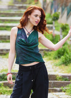 Green Ethnic Blouse with Open Collar, Cross Back, and V Neckline 4983