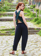 Green Ethnic Blouse with Open Collar, Cross Back, and V Neckline 4983
