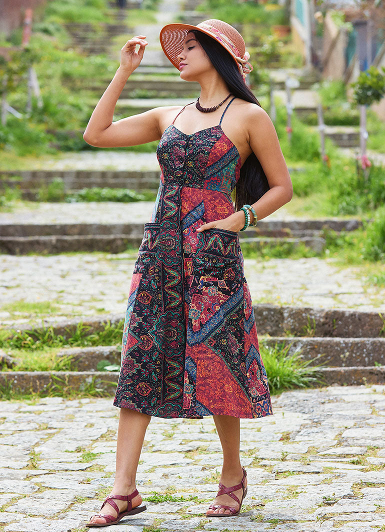 Black Authentic Dress with Spaghetti Straps, Buttons, and an Open Back  5001