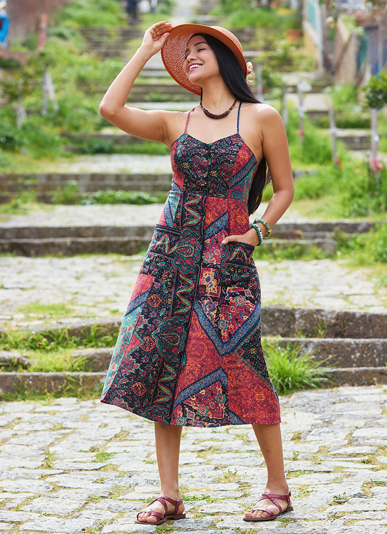 Black Authentic Dress with Spaghetti Straps, Buttons, and an Open Back  5001