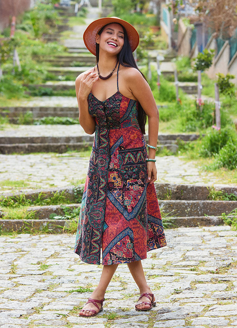 Black Authentic Dress with Spaghetti Straps, Buttons, and an Open Back  5001