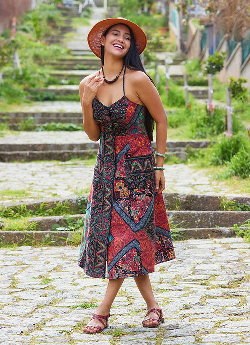 Black Authentic Dress with Spaghetti Straps, Buttons, and an Open Back  5001