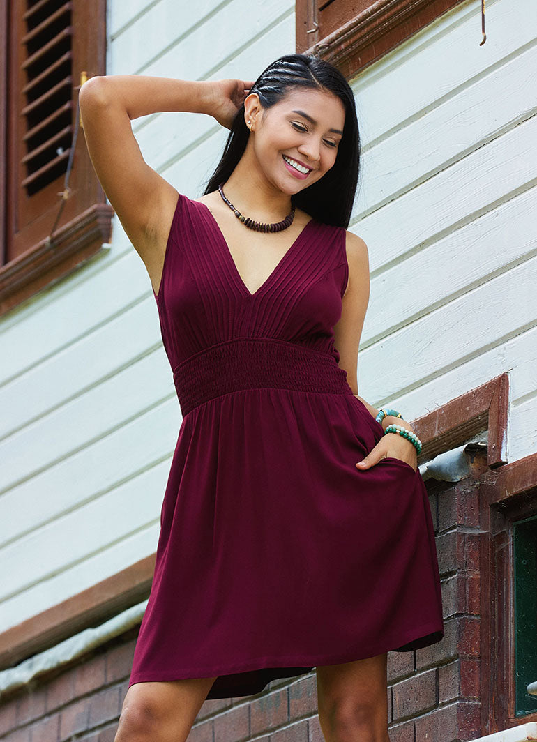 V Neck Belted Waist Burgundy Casual Dress 5014