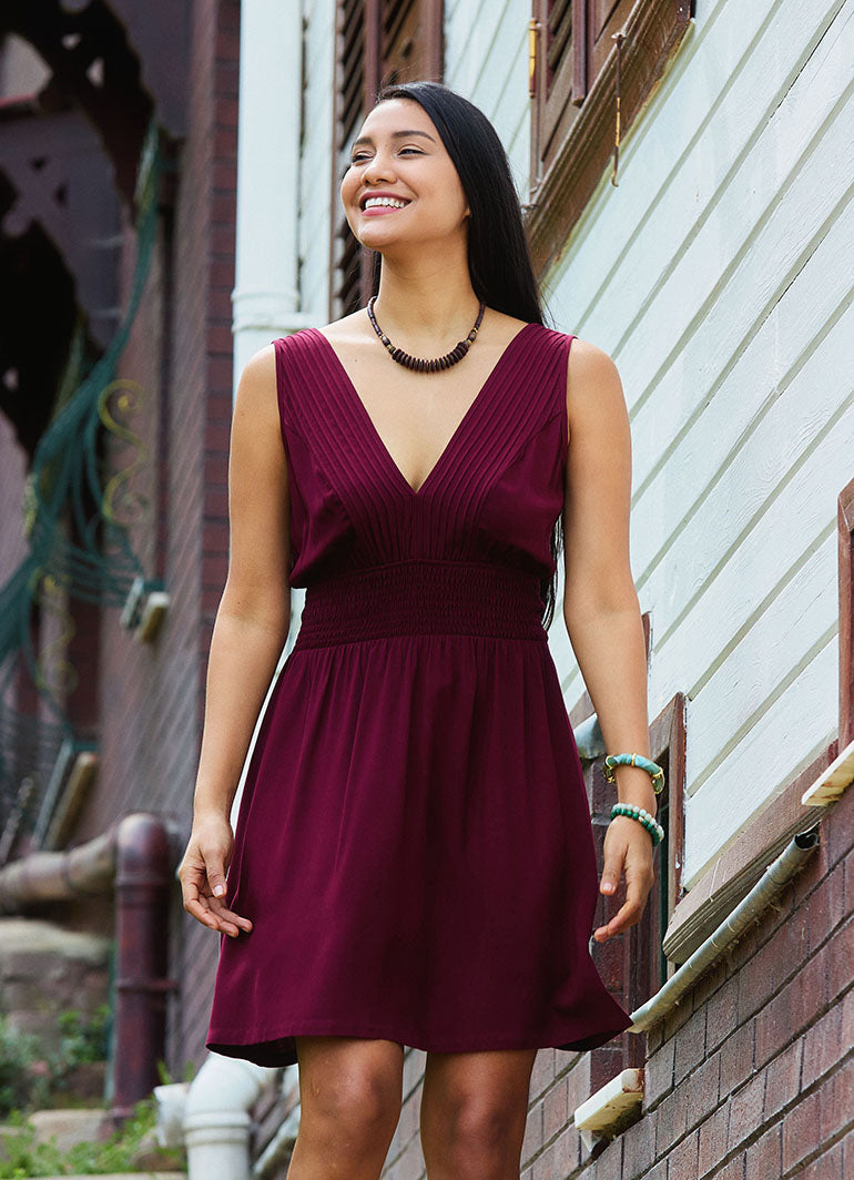 V Neck Belted Waist Burgundy Casual Dress 5014