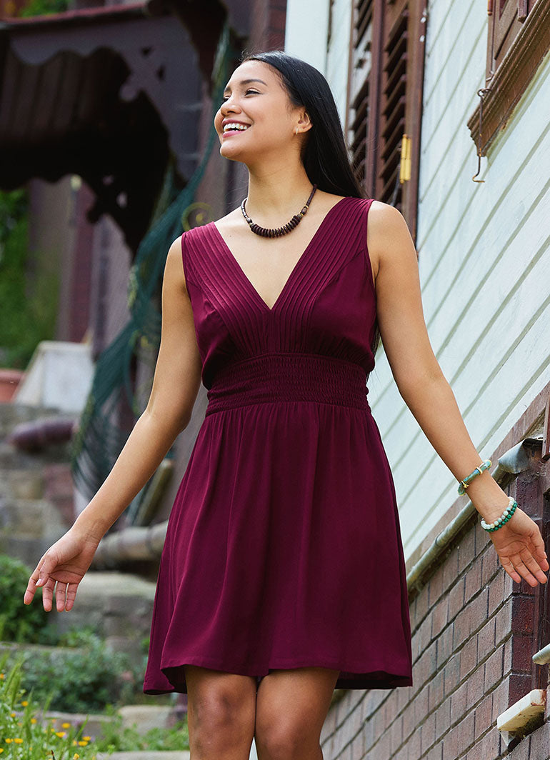 V Neck Belted Waist Burgundy Casual Dress 5014