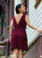 V Neck Belted Waist Burgundy Casual Dress 5014