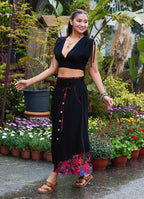 Double Layered Black Floral Skirt with Pockets and Button Details 5029