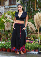 Double Layered Black Floral Skirt with Pockets and Button Details 5029