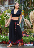 Double Layered Black Floral Skirt with Pockets and Button Details 5029