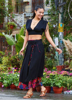 Double Layered Black Floral Skirt with Pockets and Button Details 5029