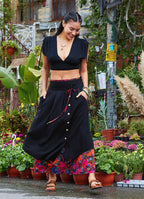 Double Layered Black Floral Skirt with Pockets and Button Details 5029