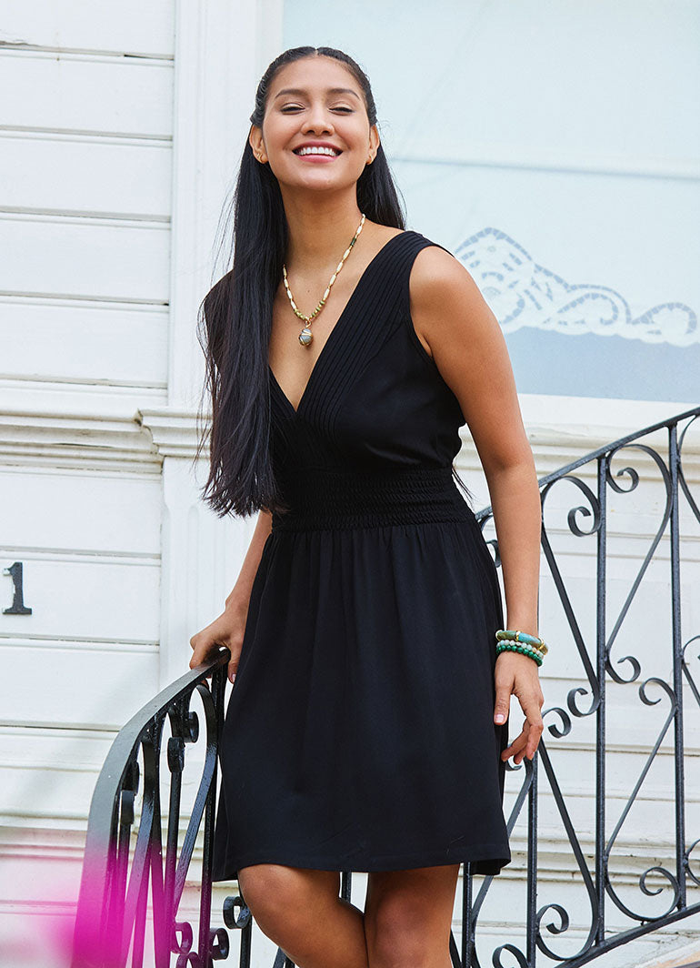 V Neck Black Mini Dress with Belted Waist 5013