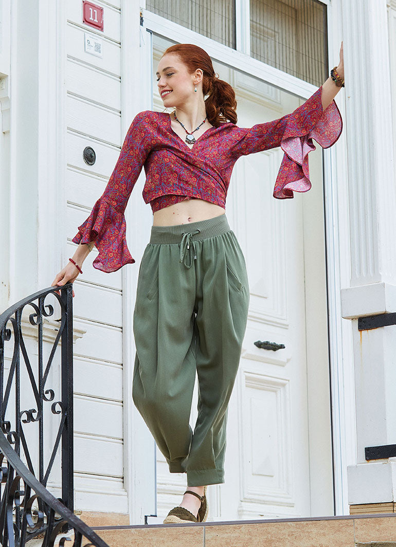 Womens Authentic Khaki Harem Pants with Drawstring Waist and Pockets 5009