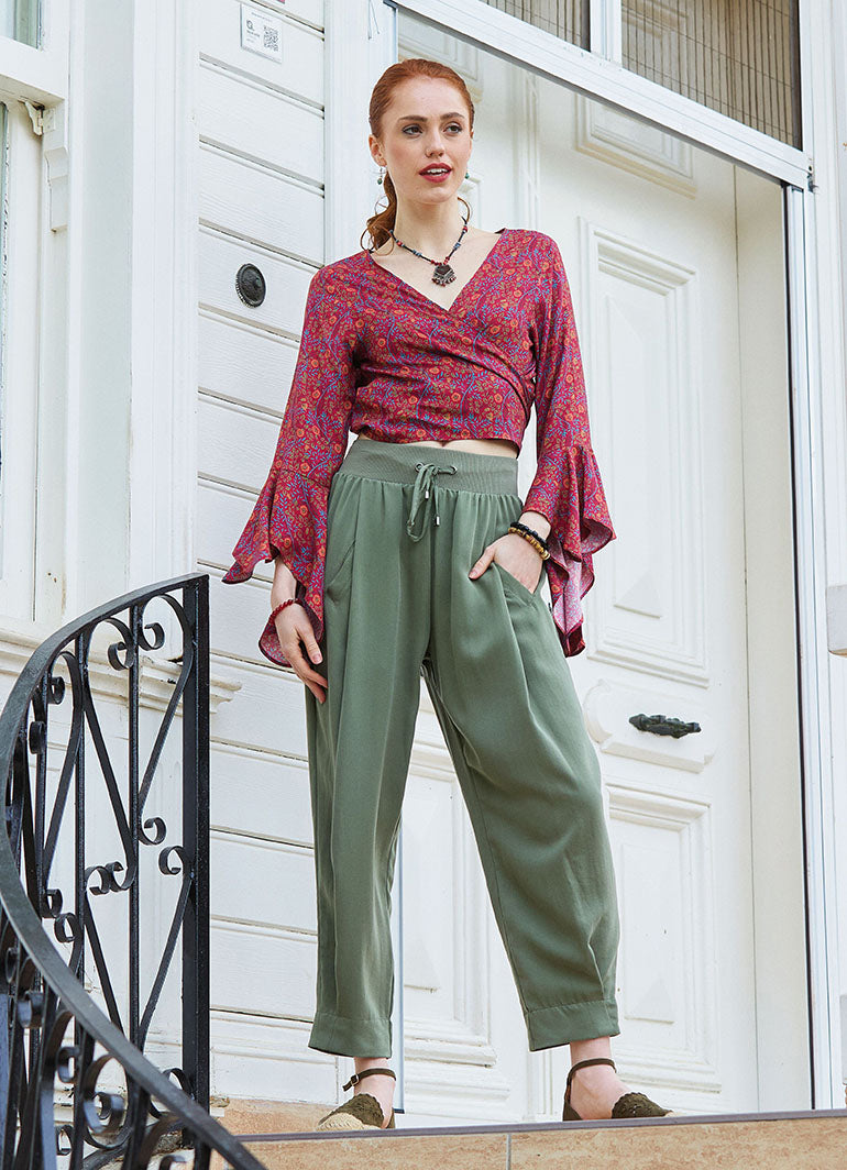 Womens Authentic Khaki Harem Pants with Drawstring Waist and Pockets 5009