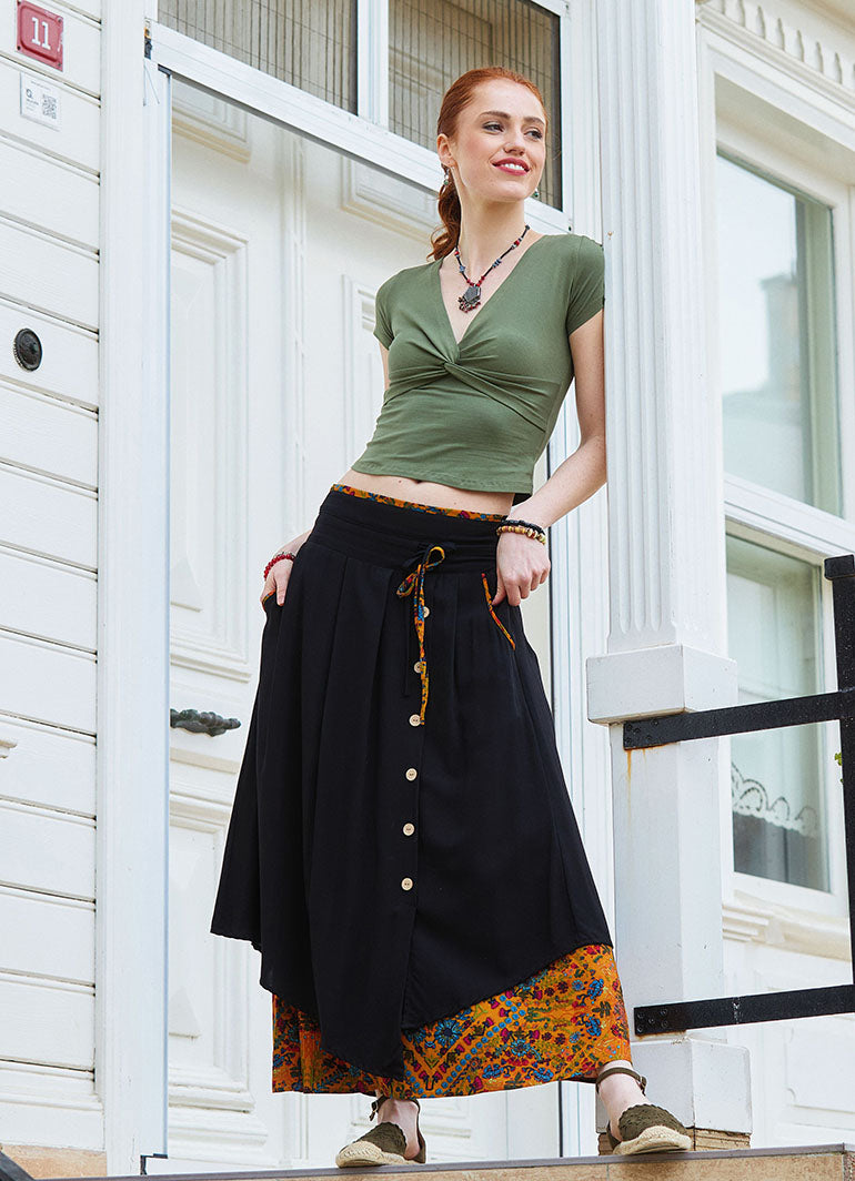 Double Layer Mustard Floral Skirt with Pockets and Button Details 5030