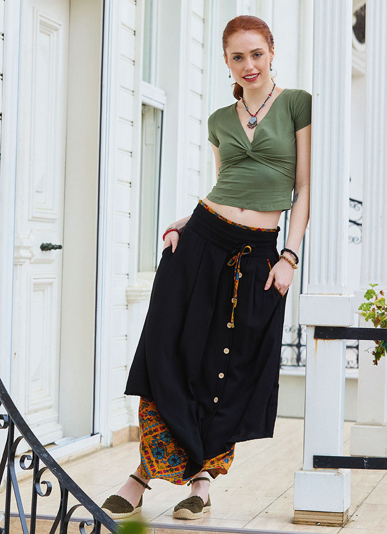Double Layer Mustard Floral Skirt with Pockets and Button Details 5030