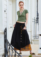 Double Layer Mustard Floral Skirt with Pockets and Button Details 5030