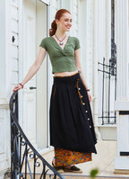 Double Layer Mustard Floral Skirt with Pockets and Button Details 5030