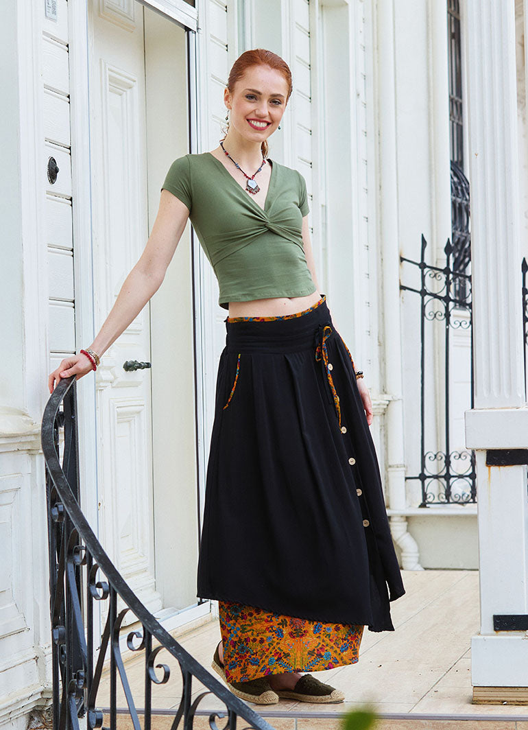 Double Layer Mustard Floral Skirt with Pockets and Button Details 5030