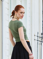 Cross Front Short Sleeve Khaki Crop Top 4982