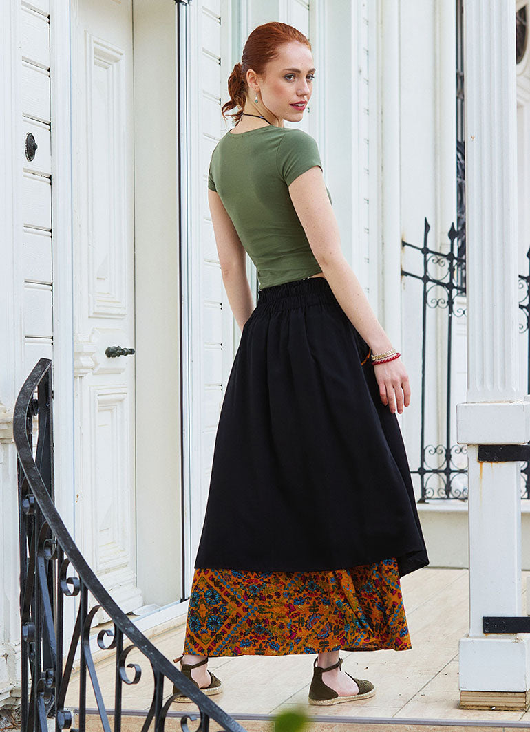 Double Layer Mustard Floral Skirt with Pockets and Button Details 5030