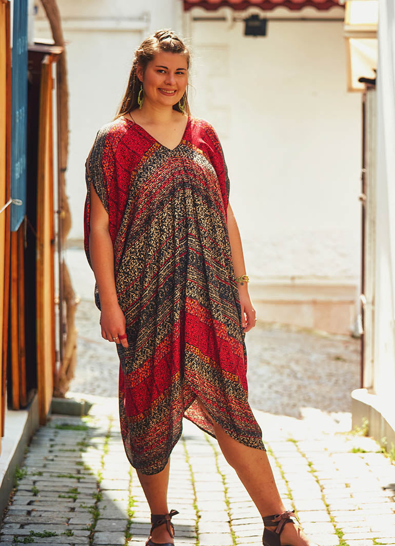 Ethnic Print Bohemian Style V Neck Cold Shoulder Plus Size Dress