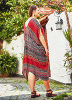 Ethnic Print Bohemian Style V Neck Cold Shoulder Plus Size Dress