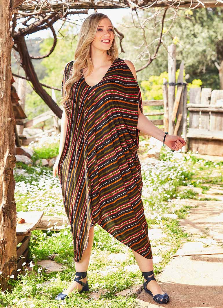 Asymmetrical Hem Deep V Neck Sleeveless Striped Plus Size Dress