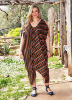 Asymmetrical Hem Deep V Neck Sleeveless Striped Plus Size Dress