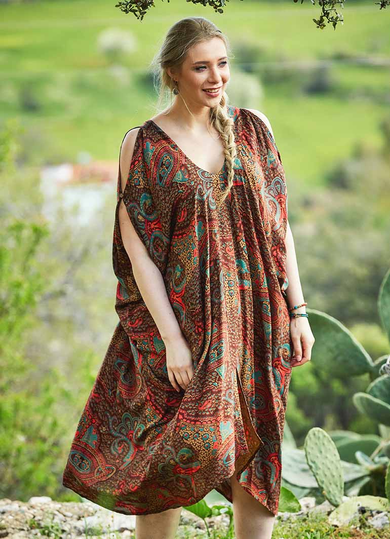 Paisley Print Deep V Neck Bohemian Plus Size Cold Shoulder Dress