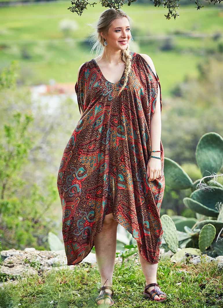 Paisley Print Deep V Neck Bohemian Plus Size Cold Shoulder Dress