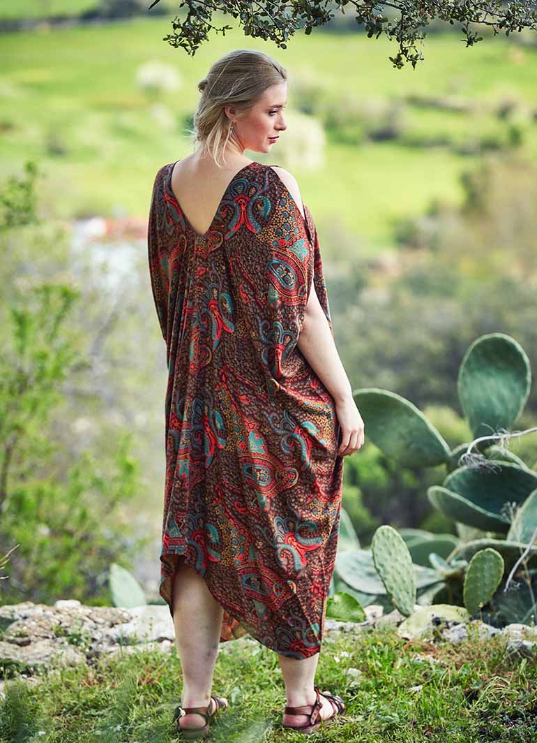 Paisley Print Deep V Neck Bohemian Plus Size Cold Shoulder Dress