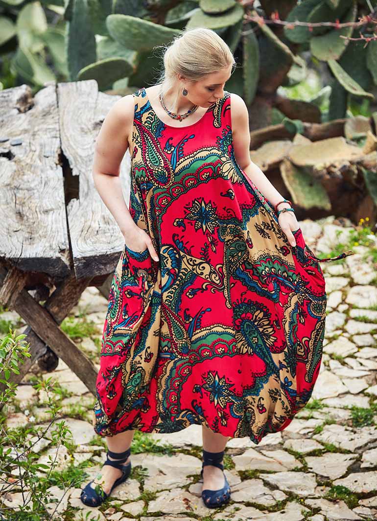 Paisley Print Oversize Buttoned Side Pockets Boho Plus Size Dress