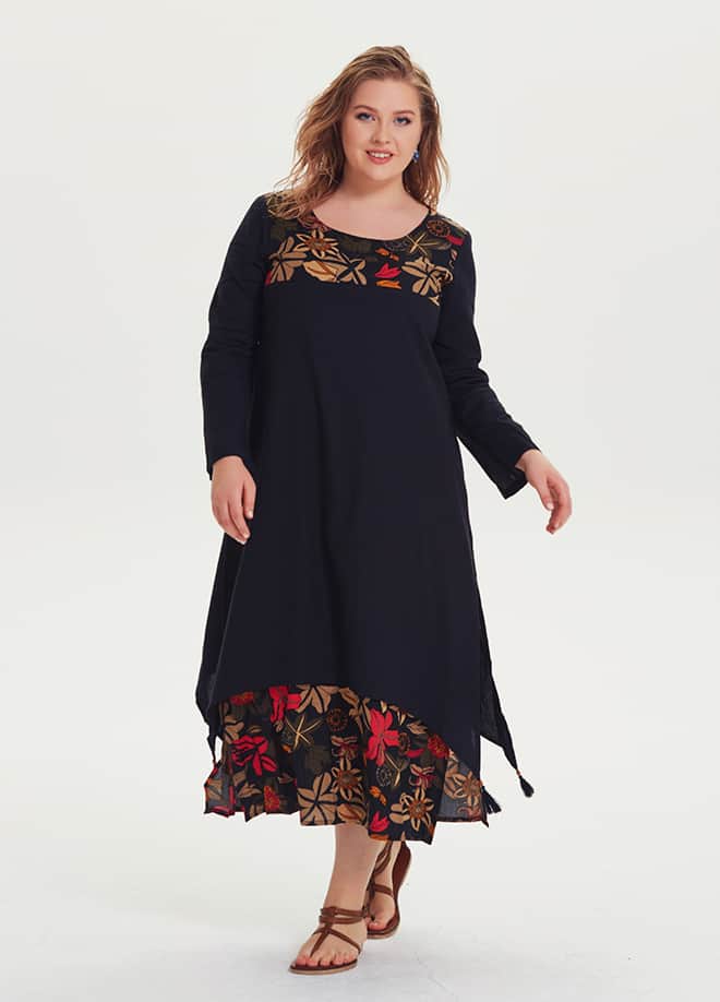 Floral Printed Plus Size Black Maxi Dress