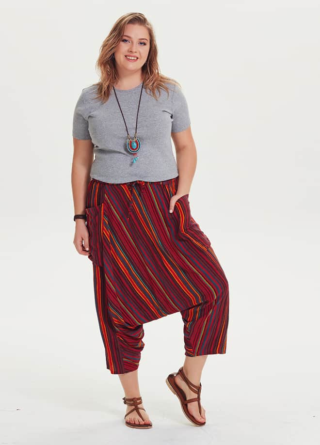 Elastic Waist Drop Crotch Boho Chic Plus Size Striped Capri Pants