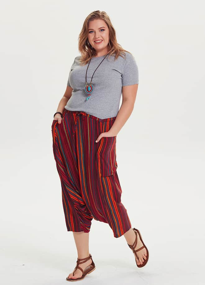Elastic Waist Drop Crotch Boho Chic Plus Size Striped Capri Pants