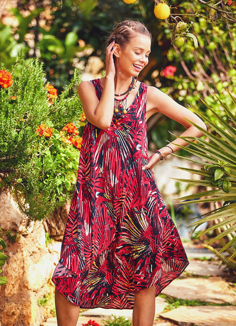 Ethnic Pattern Boat Neck Bolt Cut Gypsy Midi Dress