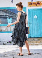 Gray Patterned Scoop Neck Round Hem Sleeveless Dress