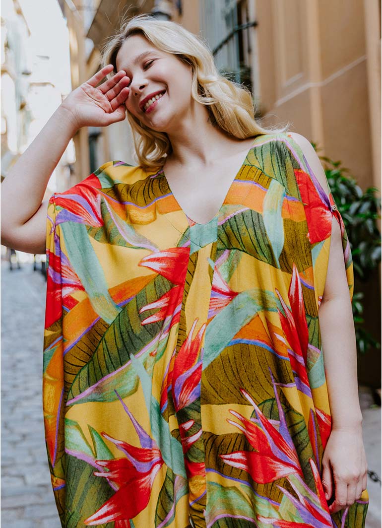 Yellow Print Bohemian Style V Neck Cold Shoulder Plus Size Dress