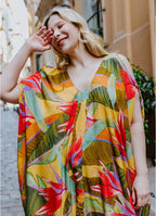 Yellow Print Bohemian Style V Neck Cold Shoulder Plus Size Dress