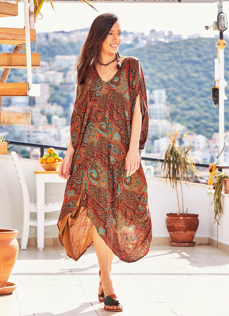 Paisley Print V Neck Hem Detail Gypsy Style Cold Shoulder Dress