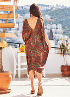 Paisley Print V Neck Hem Detail Gypsy Style Cold Shoulder Dress