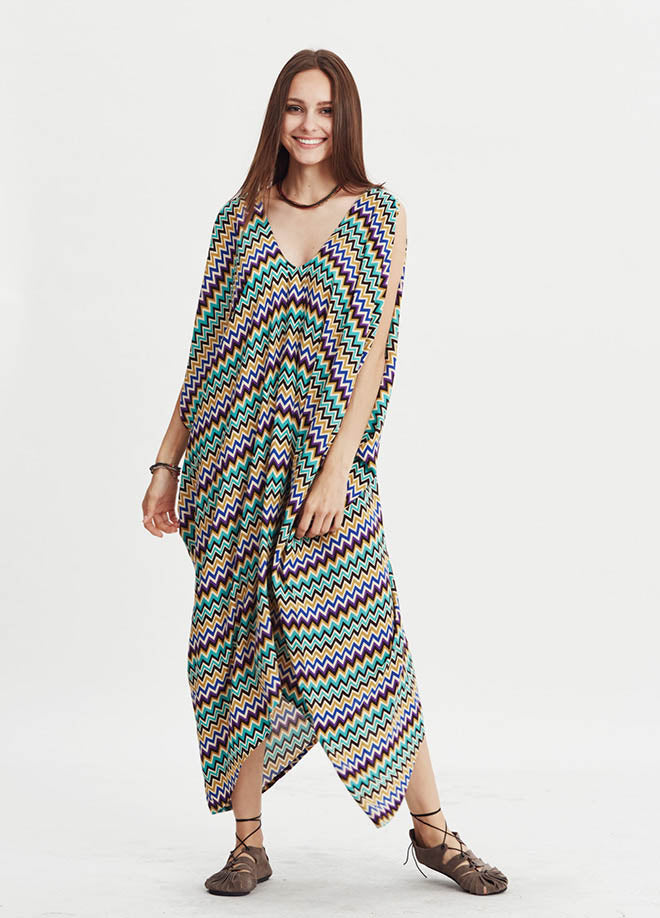 Loose Fit Sleeveless Deep V Neck Hippie Style Cold Shoulder Dress