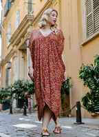 Red Print Bohemian Style V Neck Cold Shoulder Plus Size Dress