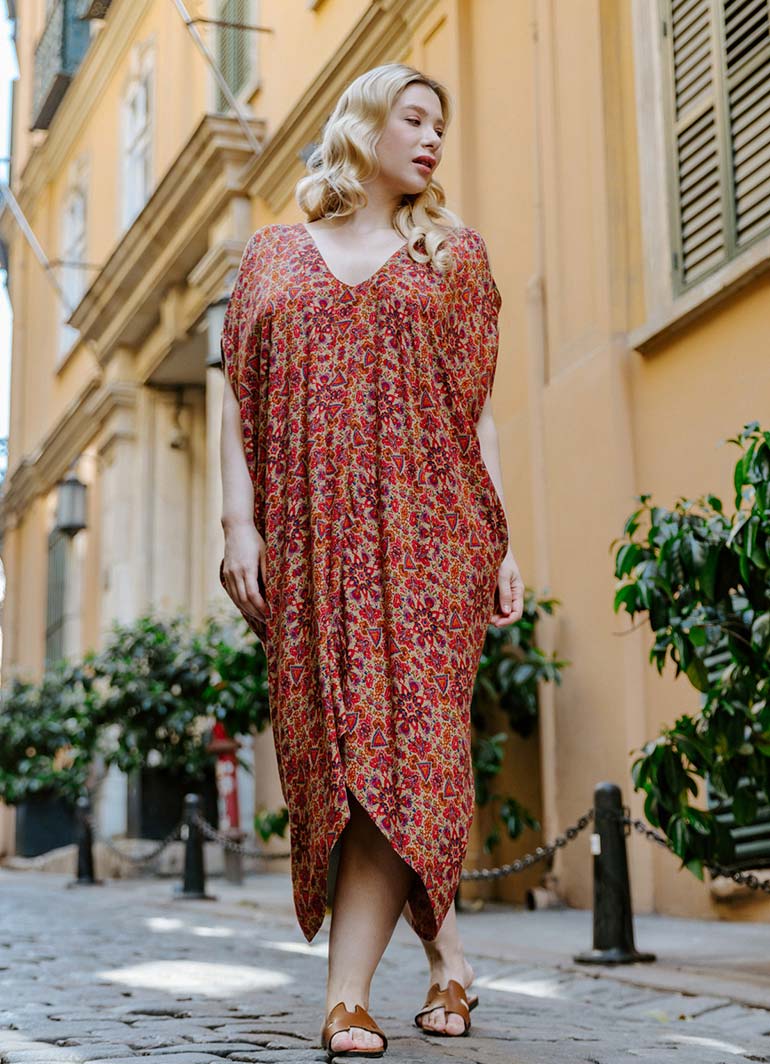 Red Print Bohemian Style V Neck Cold Shoulder Plus Size Dress